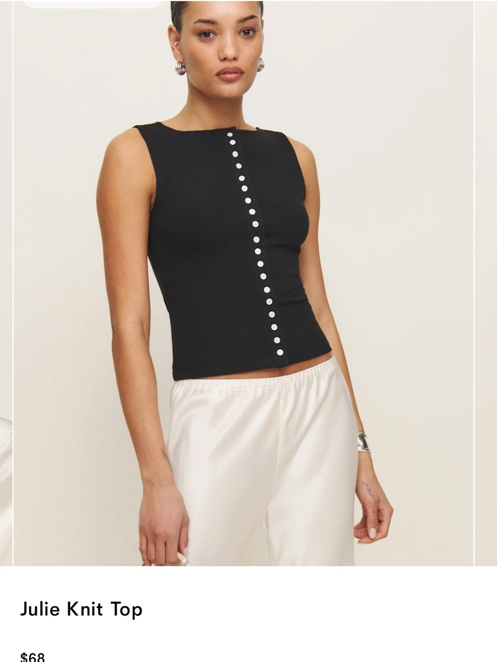 Reformation Black Julie Knit Tank with Center Button Detail